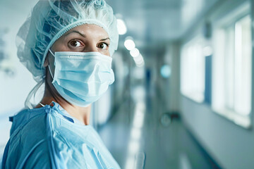 Mature nurse wearing face mask and latex gloves