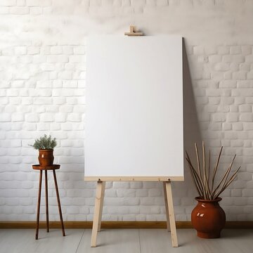 easel with blank canvas mockup on the wall