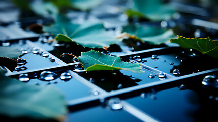 close-up of a solar panel with fresh green leaves and clear water droplets on it, signifying clean and sustainable energy - obrazy, fototapety, plakaty