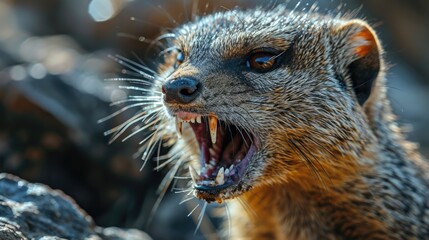 Portrait of a yellow mongoose in nature. Animal rabies. - obrazy, fototapety, plakaty