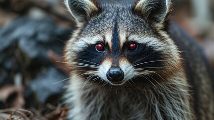 Naklejka na ściany i meble Portrait of a raccoon with red eyes in the forest, close up. Animal rabies.