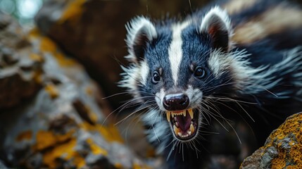 Portrait of a skunk in the forest, close up.  Animal rabies. - obrazy, fototapety, plakaty