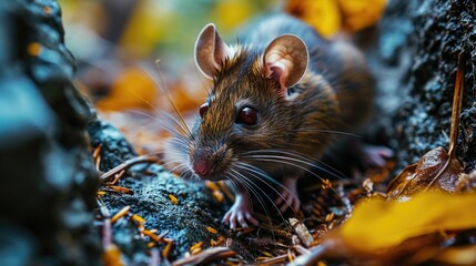 Brown mouse in the autumn forest. Close-up. Animal rabies.