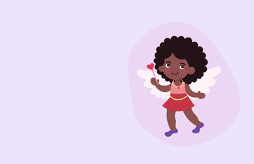 Cartoon illustration cute afro cupid. Amur African American baby angel. love and valentine's day symbol. little angel with wings on a purple background. Horizontal poster or banner. Place for text.