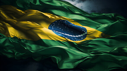 Satin flag, three dimensional render, Close up waving flag of Brasil. National Brasil flag.