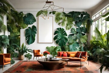 A vibrant tropical living space with lush greenery and a blank frame amidst vibrant artwork.