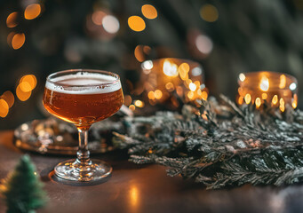 Festive beer in a coupe glass amidst holiday lights. - obrazy, fototapety, plakaty