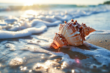 Obraz na płótnie Canvas a seashell on the beach while the sun is shining brightly