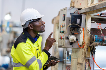 African male engineer department head Point to the electronic circuit board. of machinery in plastic and steel industries Wear a safety helmet and vest. holding laptop to work - obrazy, fototapety, plakaty