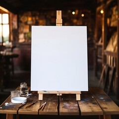 easel with blank canvas mockup on the table - obrazy, fototapety, plakaty