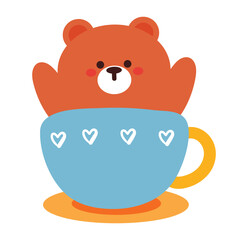 hand drawing cartoon bear inside a cup. cute animal doodle, illustration, decor element, colorful illustration sticker