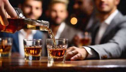 Pouring whiskey from bottle into glasses with blurred business people in background - obrazy, fototapety, plakaty