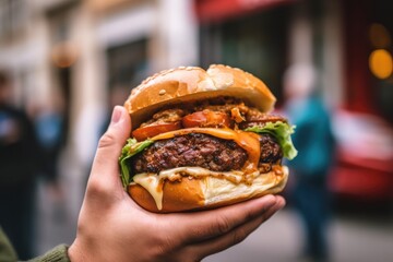 Hand Holding a Cheese Burger. Street Food. Tasty