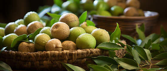 Rustic scene of fresh macadamia nuts in a wooden bowl.