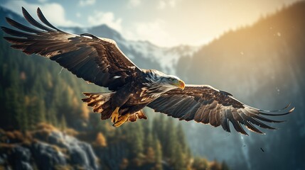 Closeup of an eagle flying high