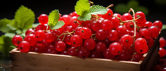 Vibrant red currants in a wooden crate against a dark background.