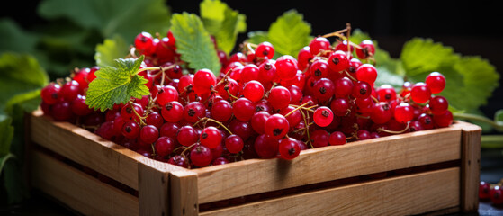 Vibrant red currants in a wooden crate against a dark background.