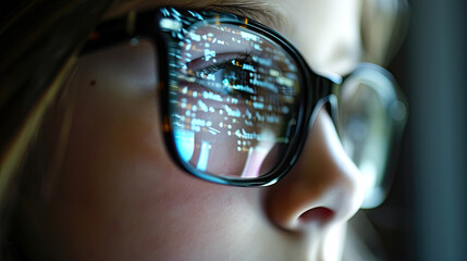 program code is reflected in the glasses of a kid. Generative AI - obrazy, fototapety, plakaty