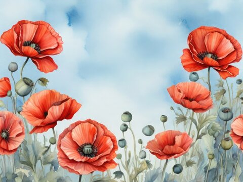 Blooming poppies on a blue background and free space for text. Holiday greetings concept.