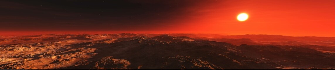 Mars, panorama of Mars, Marsim landscape, sunrise over Mars, 3D rendering