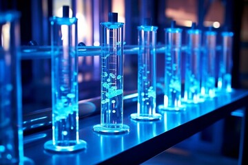 A high-tech lab showcases blue liquid-filled test tubes that represent innovation. Generative AI - obrazy, fototapety, plakaty