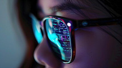 program code is reflected in the glasses of a woman. Generative AI - obrazy, fototapety, plakaty