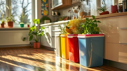 A bright, sunlit kitchen at home, featuring a set of colorful waste sorting bins