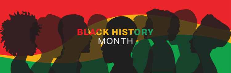 Black History Month design banner. It features a silhouette of people on red, yellow and green stripe background. Vector illustration