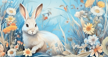 A white rabbit in the grass among flowers and leaves.