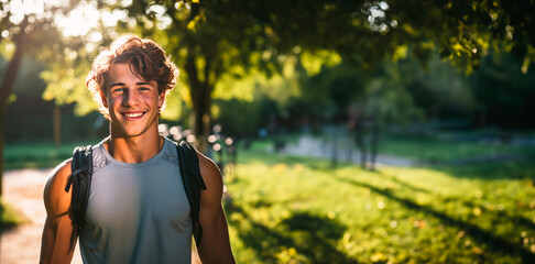 Young positive student smiling man with curly hair and in a sports jersey carrying a backpack, smiling warmly in a sun-drenched park. Active lifestyle. Fitness training. Banner. Copy space - obrazy, fototapety, plakaty