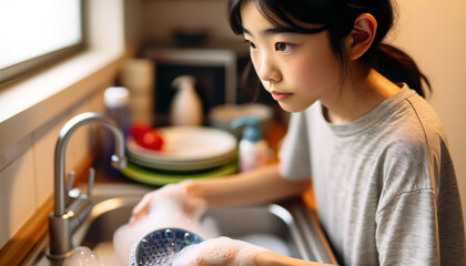Young Japanese girl teenager washing dishes at home. Helping out with household chores can boost self-esteem, teach responsibility, and help your child feel like he's part of the home