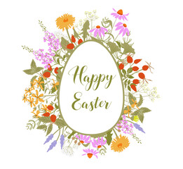 Easter wreath with egg shaped copy space. Holiday covers, posters, banners, greeting card. Flat vector illustration of spring flowers.