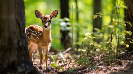 White tailed deer fawn witj hind on natural trail in north Wisconsin - obrazy, fototapety, plakaty