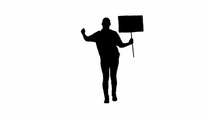 Silhouette of a woman with a poster isolated on a white background. Female Protestant on the alpha channel.