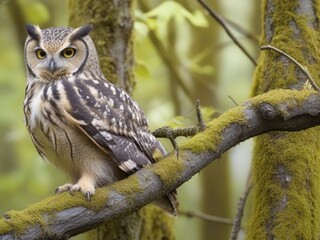 Owl with yellow eyes on branch in rain forest 