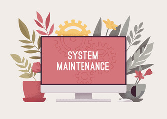 System maintenance notification message on PC monoblock. Computer page informing user of scheduled service keeping software running without problems. Vector illustration, botanical leaf background - obrazy, fototapety, plakaty