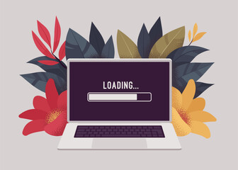 Laptop loading bar, screen stuck, operating system busy processing task. Computer program page informing user, starting work, slow status. Vector illustration, botanical leaf, flower background