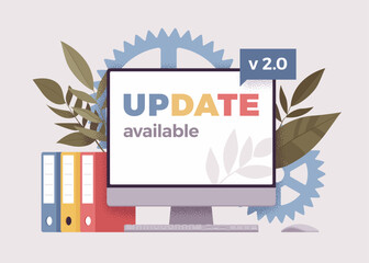PC monoblock update available, system screen notification message. Computer page informing user of correct security, problems check in software. Vector illustration, botanical leaf, gear background - obrazy, fototapety, plakaty