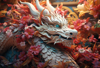 3 D illustration of a dragon surrounded by flowers, generated AI