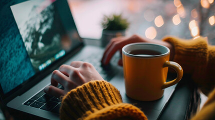 Close up of female hands typing on laptop keyboard. Woman in warm knitted sweater holding cup of tea and reading book. Cozy winter evening at home.