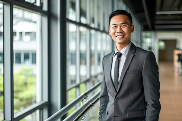 young handsome asian man in a business suit is standing next to a window