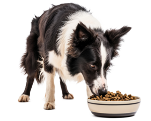 Border collie eating from a bowl of food, transparent background (PNG)