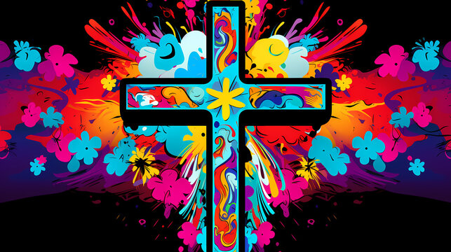 Holy cross colorful pop art flowers groovy rainbow color explosion peace