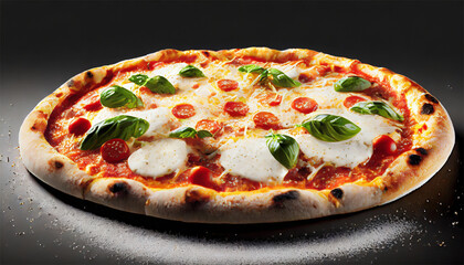 Pizza with mozzarella cheese on a black background