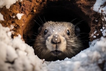 A close up of a groundhog poking its head out of a hole - obrazy, fototapety, plakaty