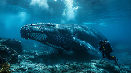 Face to face between a whale and a diver floating in the depths of the dark blue sea