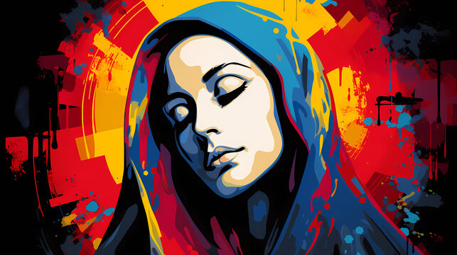 Colorful Virgin Mary pop art close up red yellow blue contemporary