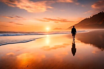 A serene coastal scene with a person walking barefoot on a sandy beach at sunset.