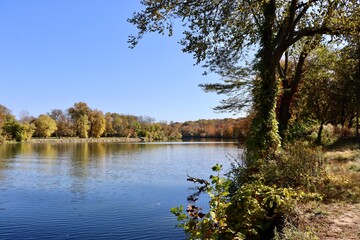 The flowing river in the country on a sunny fall day.