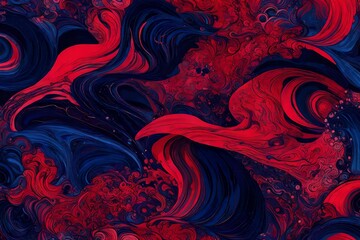 Vivid crimson and midnight indigo in a cosmic ballet of abstract forms. - obrazy, fototapety, plakaty